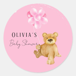 Cute Teddy Bear In Pink Paint Balloons Baby Shower Classic Round Sticker