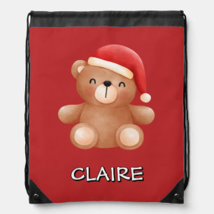 Cute Teddy Bear in Santa Hat Custom Name Drawstring Bag