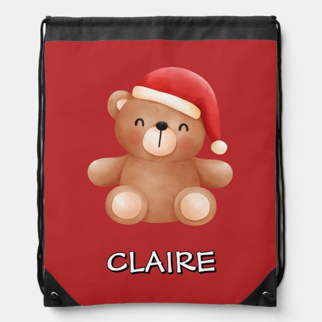 Cute Teddy Bear in Santa Hat Custom Name Drawstring Bag (Front)