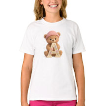 Cute Teddy Bear Initial A Floral Girls T-Shirt