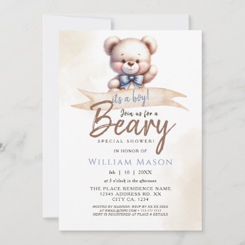 Cute Teddy Bear Is a Boy Baby Shower Watercolor Invitation