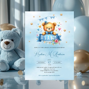 Cute teddy bear it's a boy baby shower invitation