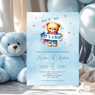 Cute teddy bear it's a boy baby shower invitation