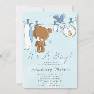 Cute Teddy Bear It's A Boy Blue Clothesline Invitation