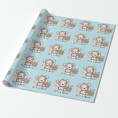 Cute Teddy Bear Its a Boy Picnic Blue Baby Shower Wrapping Paper