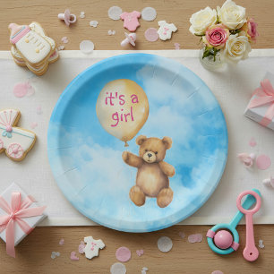Cute teddy bear it's a girl balloon baby shower paper plates