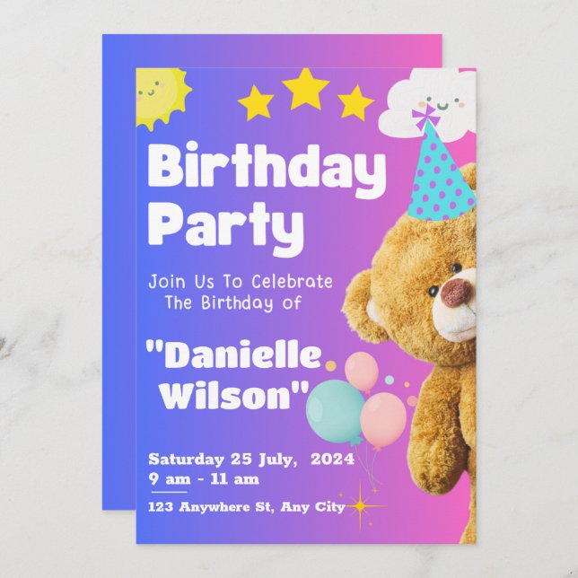 Cute Teddy Bear Kids Star Birthday Party Gifts Invitation (Front/Back)