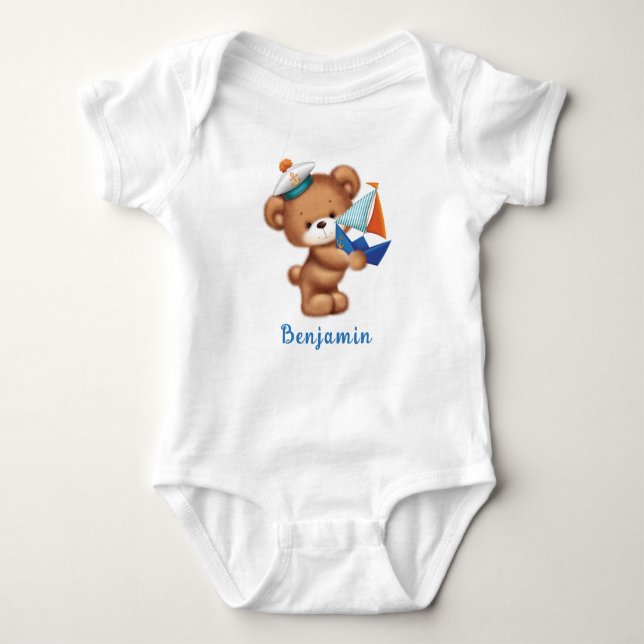 Cute Teddy Bear Littlle Sailor Personalized Baby Bodysuit (Front)