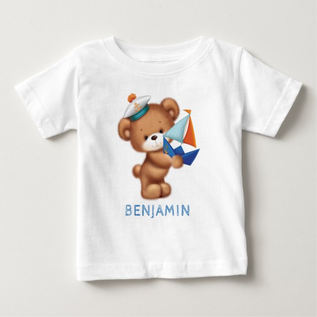 Cute Teddy Bear Littlle Sailor Personalized  Baby T-Shirt (Front)