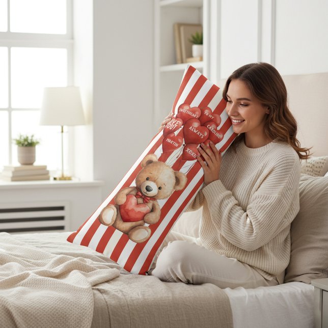 Cute Teddy Bear Love Heart Balloons Red White Body Pillow (Creator Uploaded)