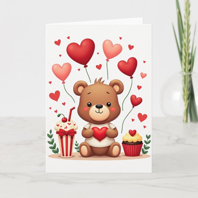 Cute Teddy Bear Love Hearts Card (Front)