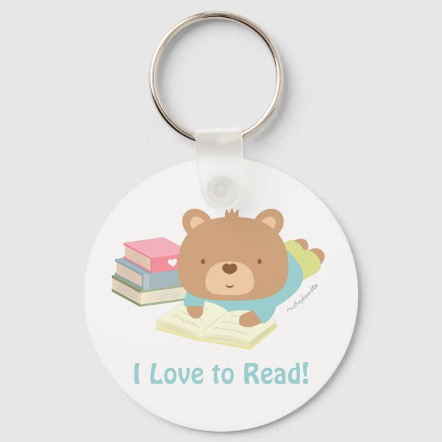 Cute Teddy Bear Loves To Read Keychain (Front)