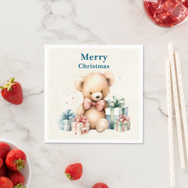 Cute Teddy Bear Merry Christmas Napkins (Insitu)