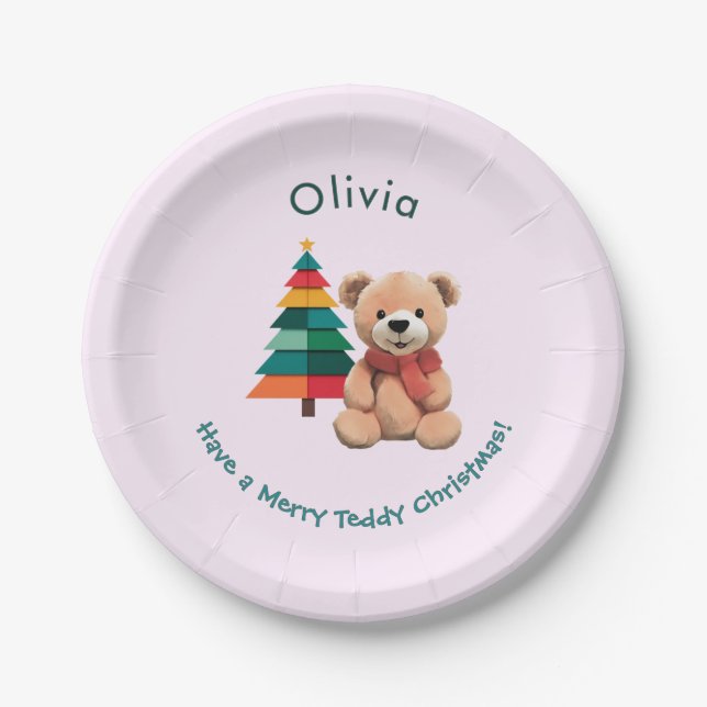 Cute Teddy Bear Merry Christmas Pink Holiday Paper Plates (Front)