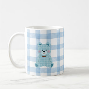 Cute Teddy Bear Mug Blue Gingham Kawaii Cup
