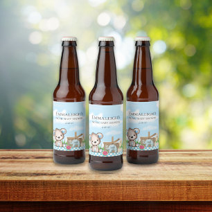 Cute Teddy Bear n Friends Picnic Baby Shower Beer Bottle Label