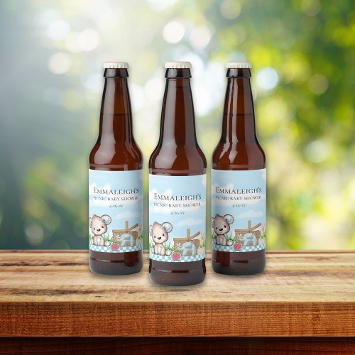 Cute Teddy Bear n Friends Picnic Baby Shower Beer Bottle Label