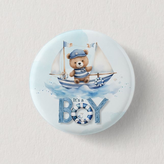 Cute Teddy Bear Nautical Boat Boy Baby Shower Button (Front)