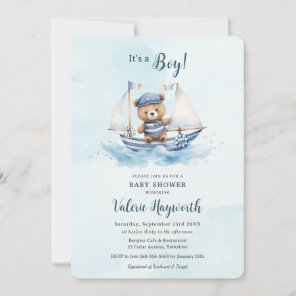 Cute Teddy Bear Nautical Boat Boy Baby Shower Invitation