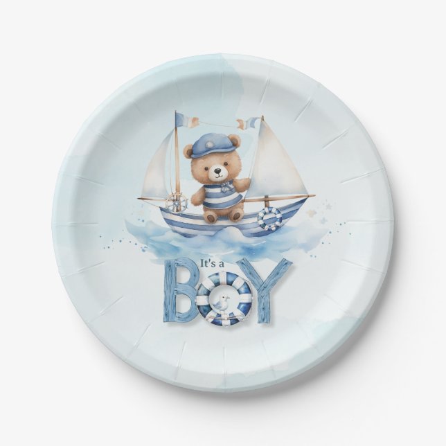 Cute Teddy Bear Nautical Boat Boy Baby Shower Paper Plates (Front)