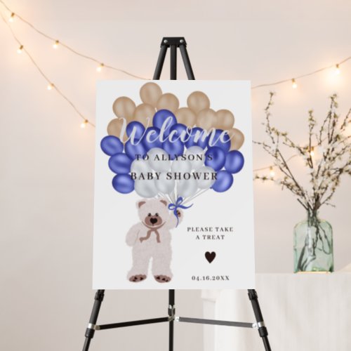 Cute teddy bear navy blue balloons boy baby shower foam board