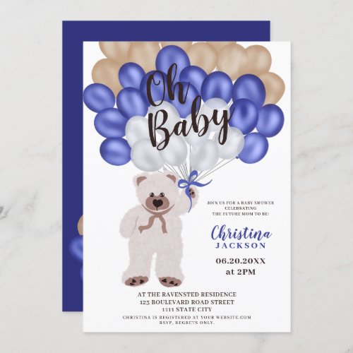 Cute teddy bear navy blue balloons boy baby shower invitation