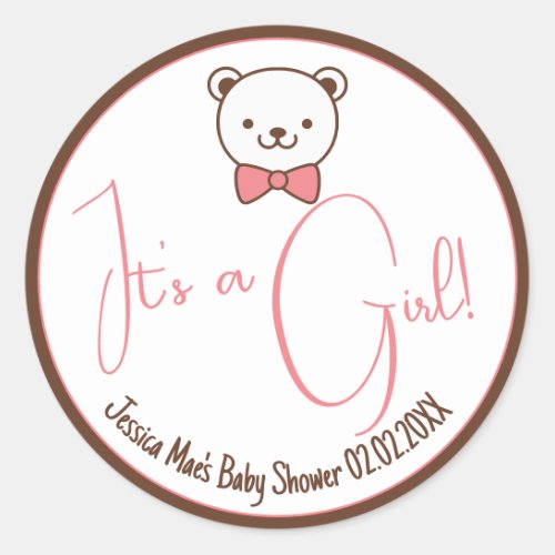 Cute Teddy Bear Nostalgic Brown Pink Baby Shower Classic Round Sticker