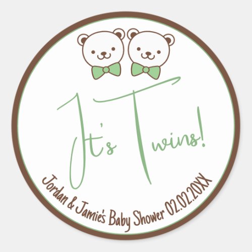Cute Teddy Bear Nostalgic Its Twins Baby Shower  Classic Round Sticker