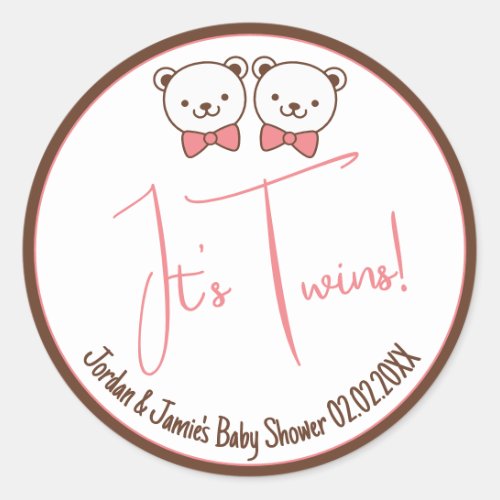 Cute Teddy Bear Nostalgic Its Twins Baby Shower   Classic Round Sticker