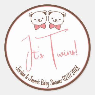 Cute Teddy Bear Nostalgic It's Twins Baby Shower   Classic Round Sticker