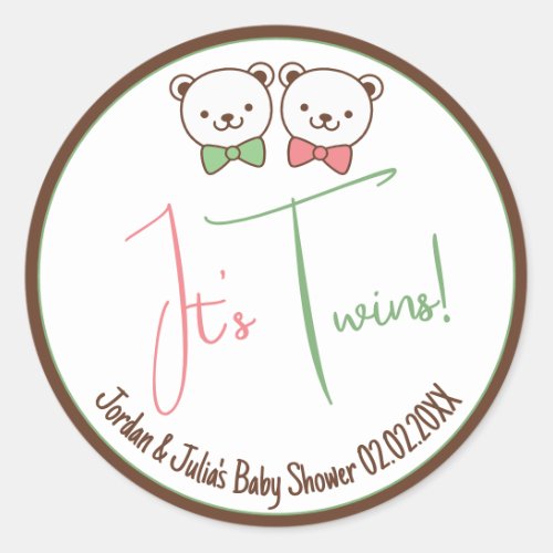 Cute Teddy Bear Nostalgic Its Twins Baby Shower Classic Round Sticker