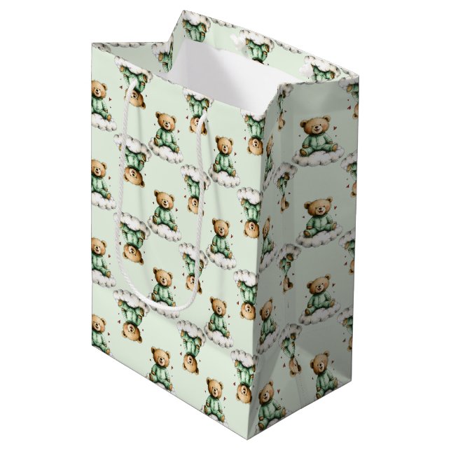 Cute Teddy Bear on a Cloud Green PJs Medium Gift Bag (Front Angled)