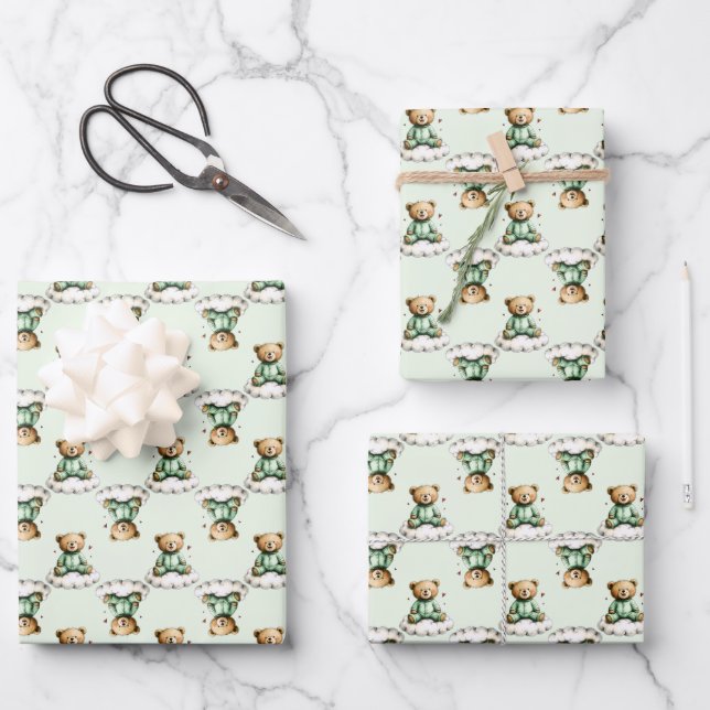 Cute Teddy Bear on a Cloud Green PJs Wrapping Paper Sheets (Front)