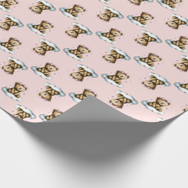 Cute Teddy Bear on a Cloud Pink Hair Bow Wrapping Paper (Corner)