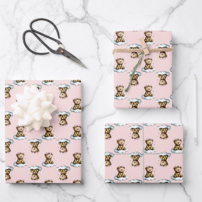 Cute Teddy Bear on a Cloud Pink Hair Bow Wrapping Paper Sheets (Front)