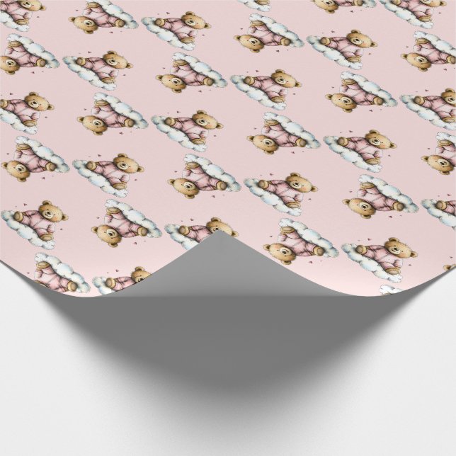 Cute Teddy Bear on a Cloud Pink PJs Wrapping Paper (Corner)
