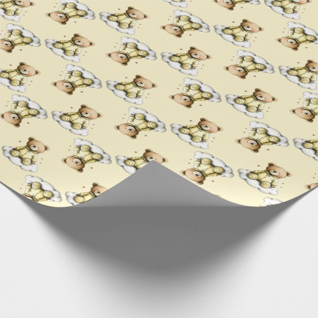 Cute Teddy Bear on a Cloud Yellow Hoodie Bodysuit Wrapping Paper (Corner)