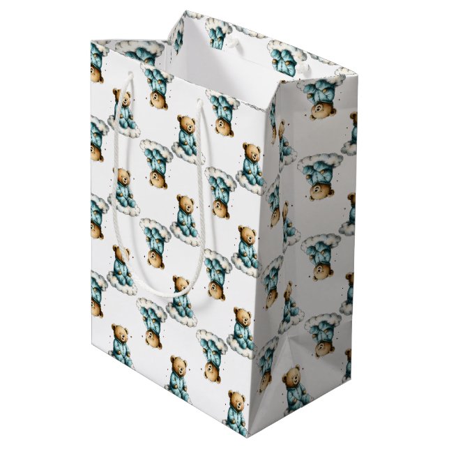 Cute Teddy Bear on a Fluffy Cloud Blue PJs Medium Gift Bag (Back Angled)
