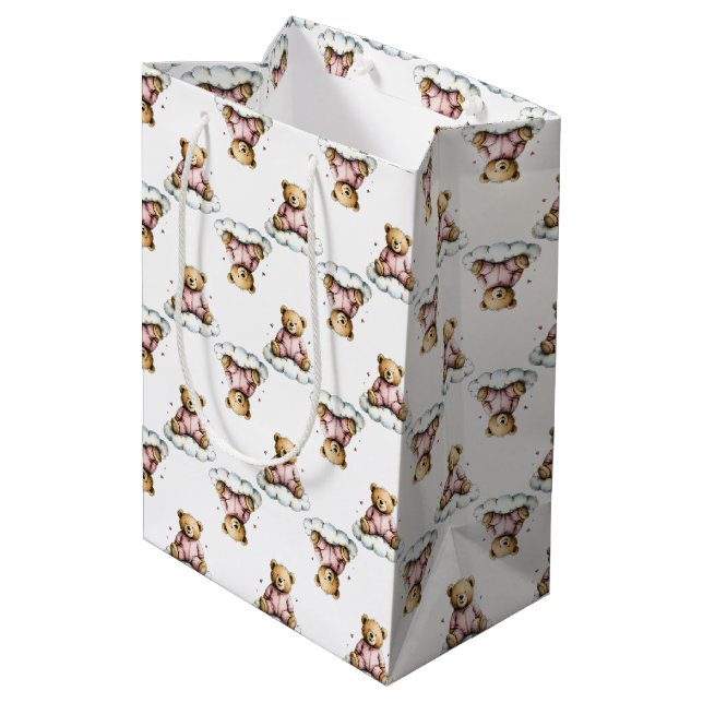 Cute Teddy Bear on a Fluffy Cloud Pink PJs Medium Gift Bag (Back Angled)