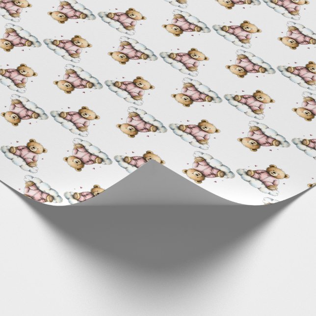 Cute Teddy Bear on a Fluffy Cloud Pink PJs Wrapping Paper (Corner)