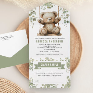Cute Teddy Bear on a Swing Eucalyptus Baby Shower All In One Invitation