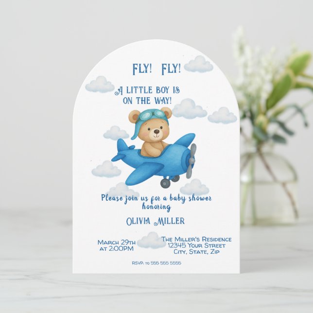 Cute Teddy Bear on Airplane Baby Shower Invitation (Standing Front)