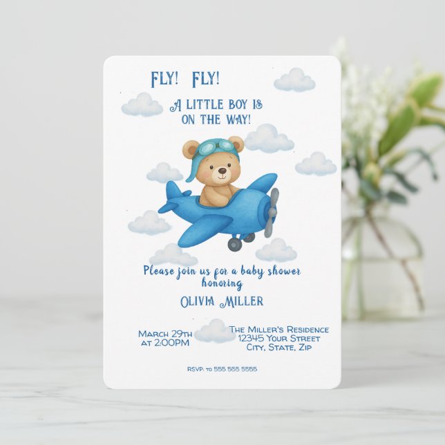 Cute Teddy Bear on Airplane Baby Shower Invitation (Standing Front)