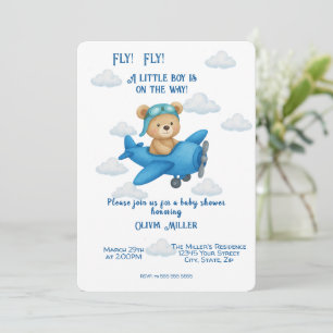 Cute Teddy Bear on Airplane Baby Shower Invitation