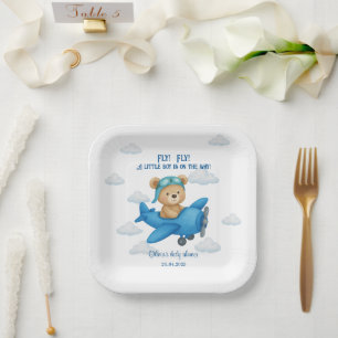 Cute Teddy Bear on Airplane Baby Shower Paper Plates