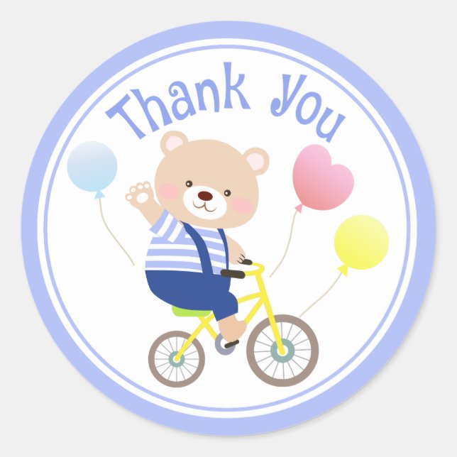 Cute Teddy Bear on Bicycle Thank You Stickers (Front)