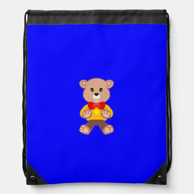 Cute Teddy Bear on Blue Drawstring Backpack (Front)