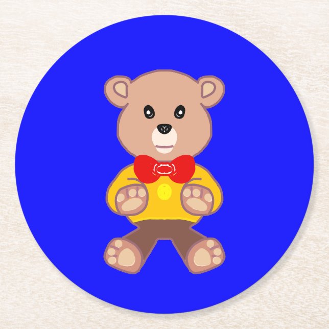 Cute Teddy Bear on Blue Paper Coaster (Front)