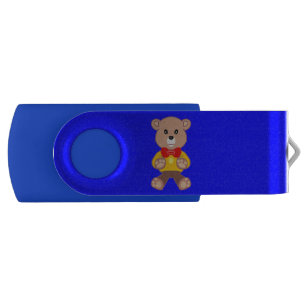Cute Teddy Bear on Blue USB Swivel Flash Drive