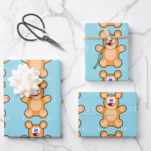 cute teddy bear on blue wrapping paper sheets